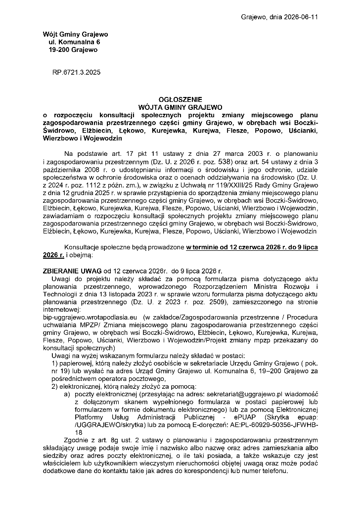Ogłoszenie Wójta Gminy Grajewo