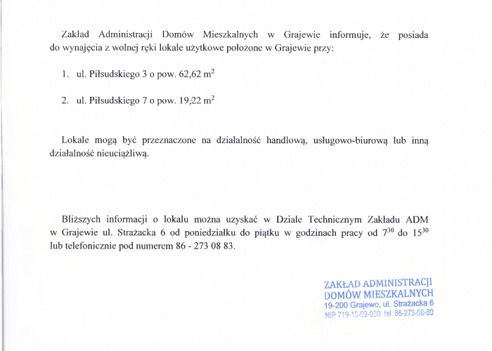 ZADM Grajewo. Ogłoszenia o lokalach do wynajęcia