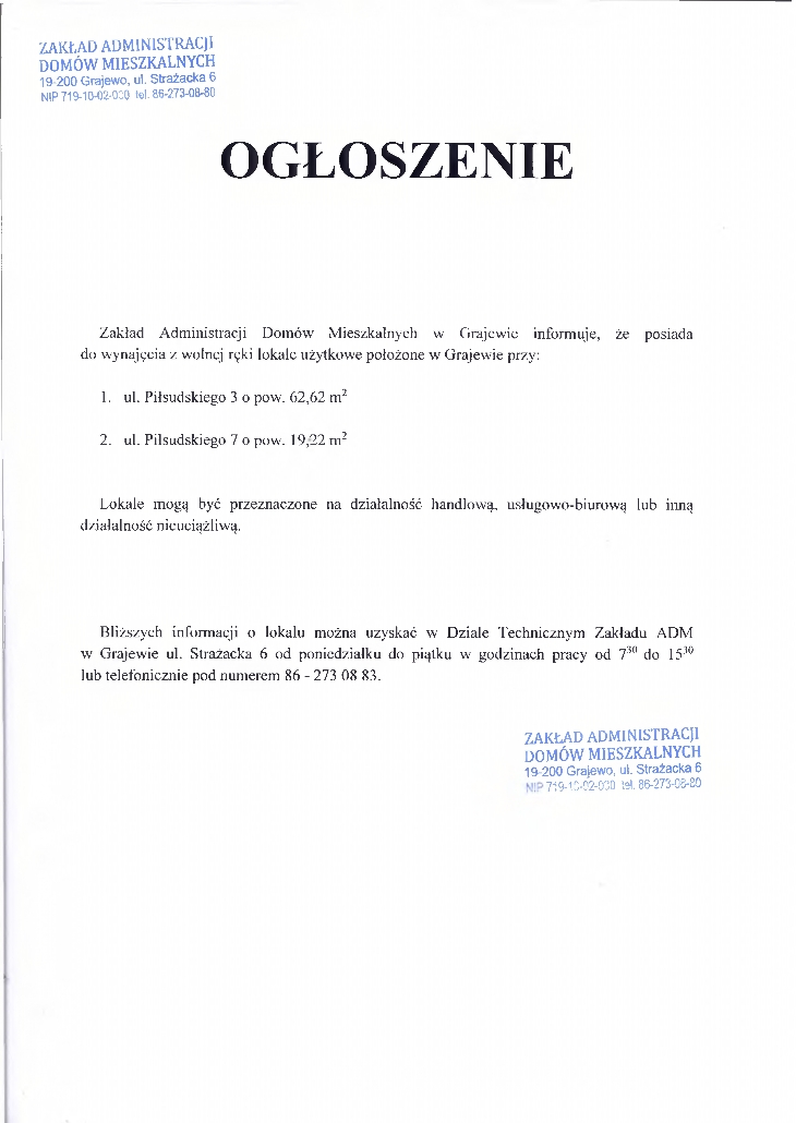 ZADM Grajewo. Ogłoszenia o lokalach do wynajęcia