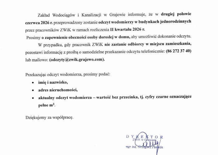 ZWiK Grajewo. Odczyt wodomierzy 