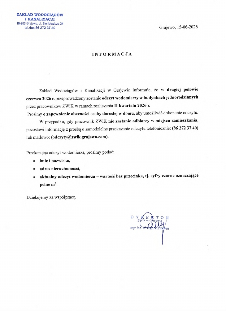 ZWiK Grajewo. Odczyt wodomierzy 