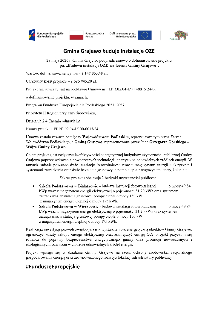 Gmina Grajewo buduje instalacje OZE