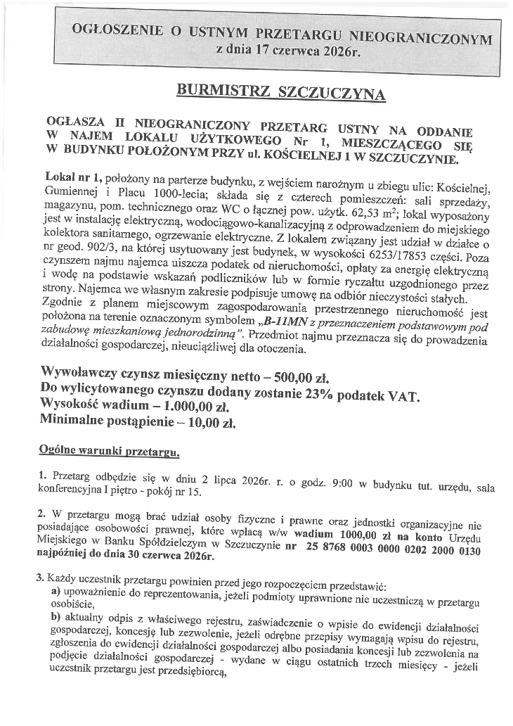 Ogłoszenie Burmistrza Szczuczyna