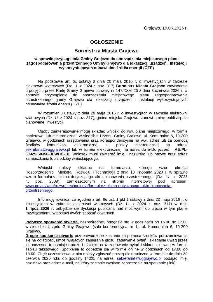 Ogłoszenie Burmistrza Grajewa
