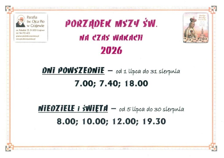 Wakacyjny porządek Mszy Św. w parafii Św. O. Pio 