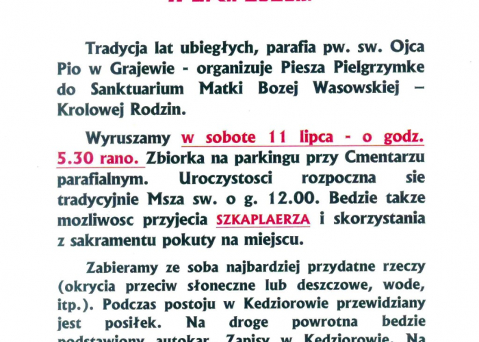 Piesza Pielgrzymka do Wąsosza (11.07)