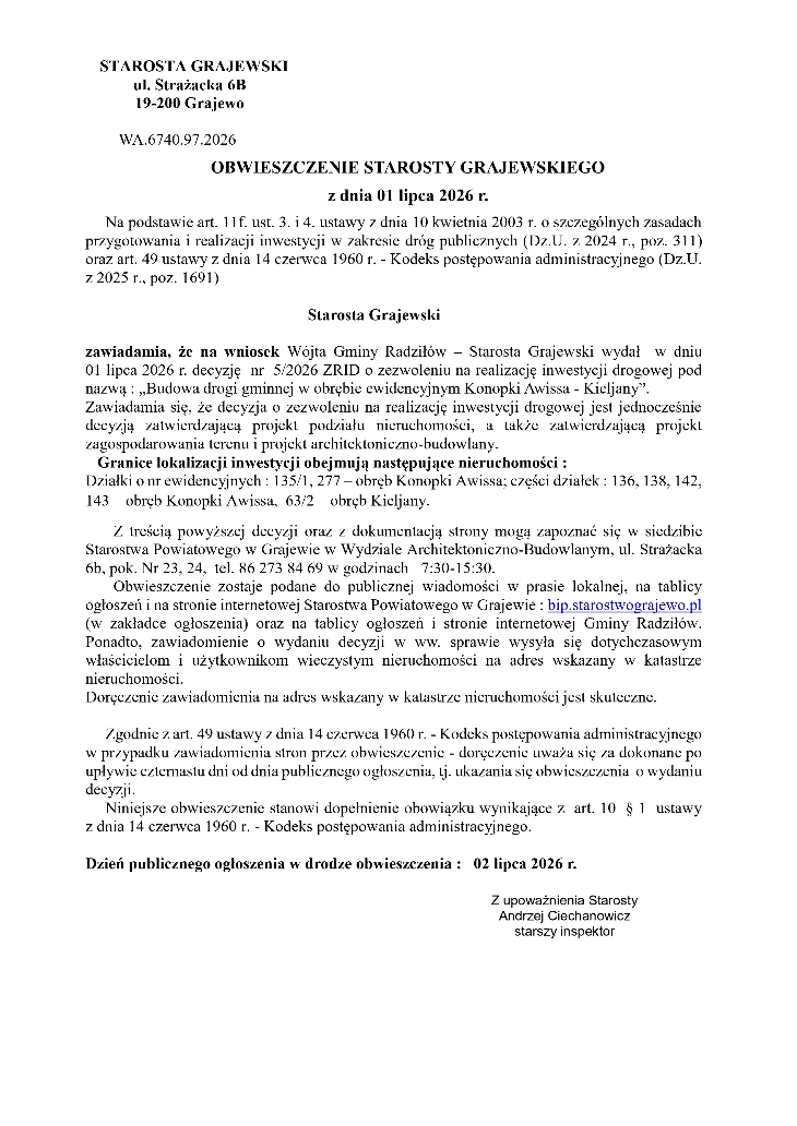 Obwieszczenie Starosty Grajewskiego 