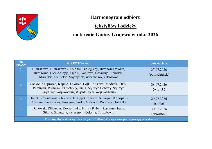Harmonogram odbioru tekstyliów na terenie Gminy Grajewo 