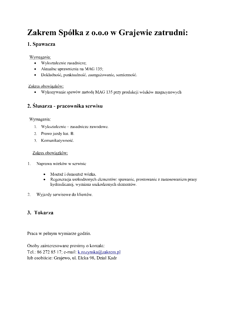 Oferta pracy dla spawacza, ślusarza i tokarza