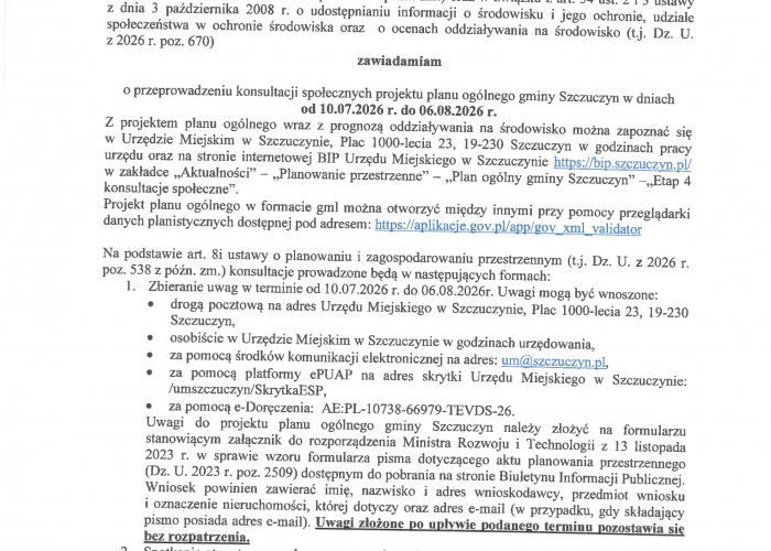 Szczuczyn: Ogłoszenie o konsultacjach społecznych