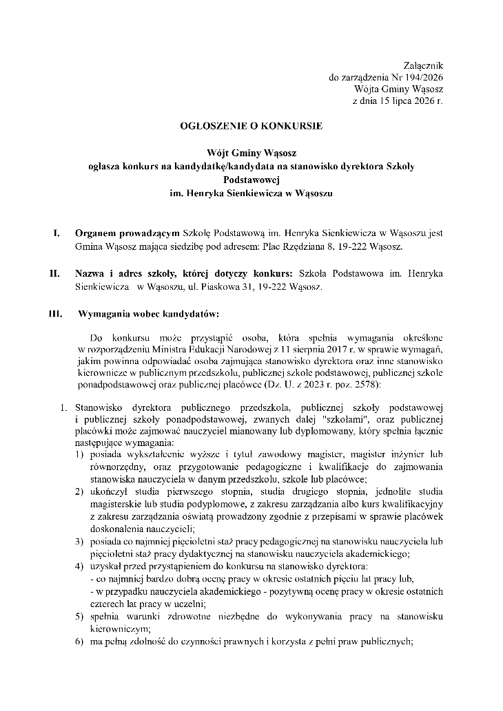 Ogłoszenie Wójta Gminy Wąsosz