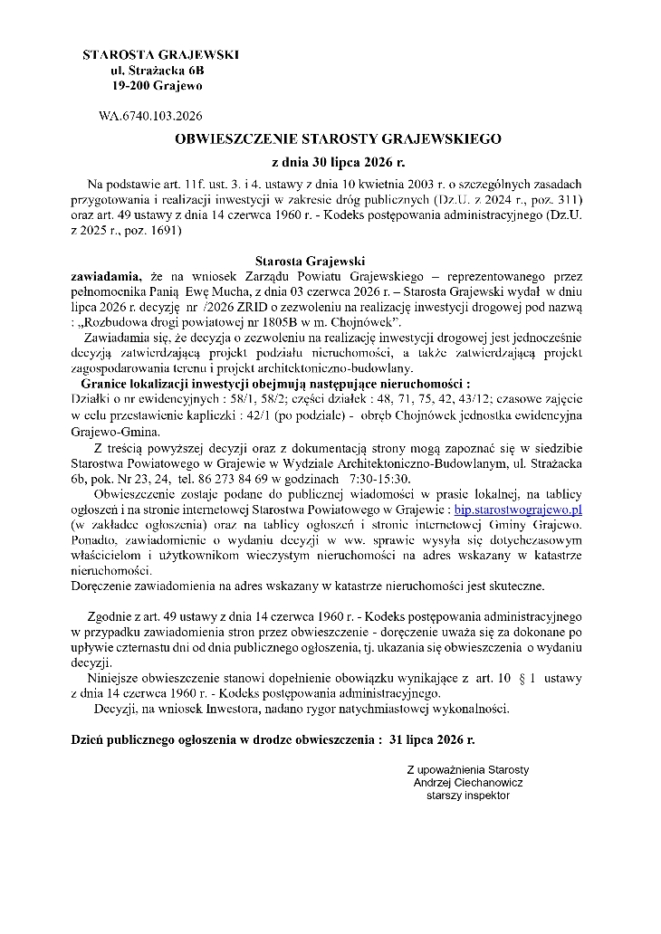 Obwieszczenie Starosty Grajewskiego