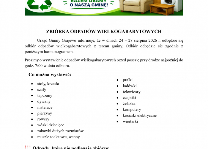 Gmina Grajewo. Odbiór odpadów wielkogabarytowych