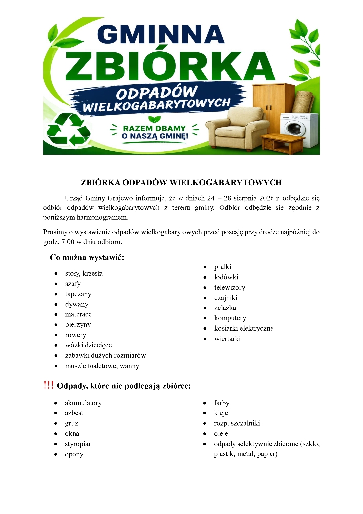 Gmina Grajewo. Odbiór odpadów wielkogabarytowych
