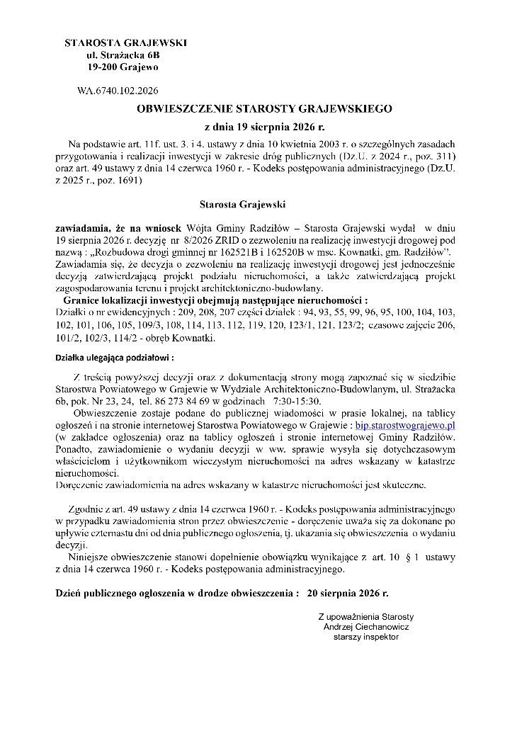 Obwieszczenie Starosty Grajewskiego