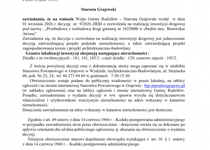 Obwieszczenie Starosty Grajewskiego