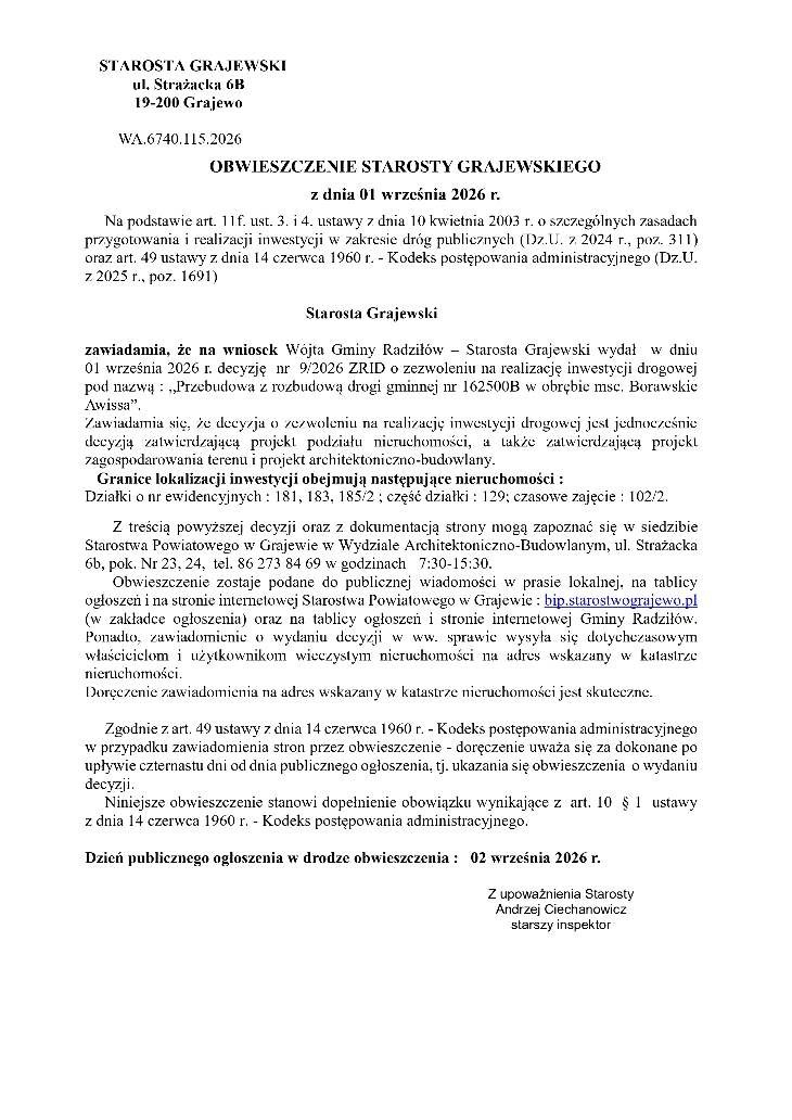 Obwieszczenie Starosty Grajewskiego