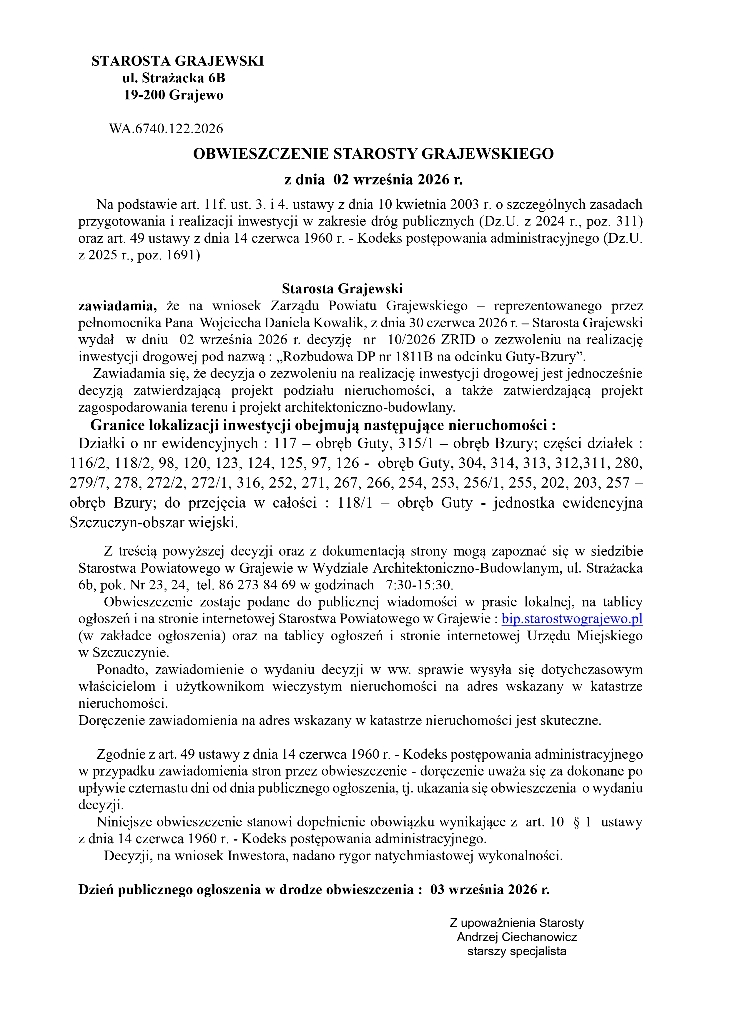 Obwieszczenie Starosty Grajewskiego