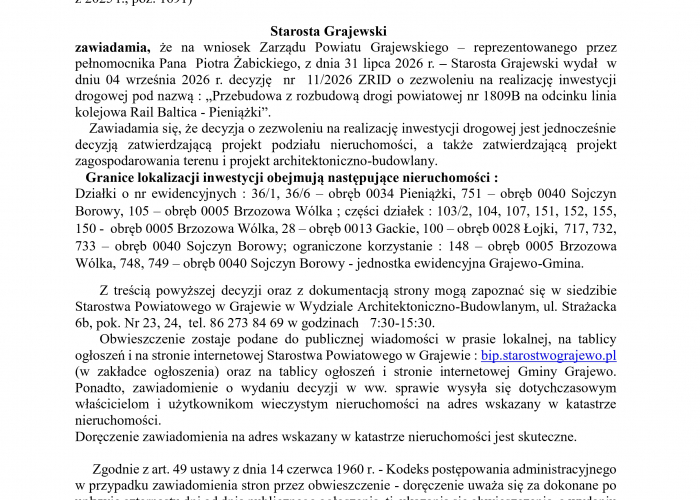 Obwieszczenie Starosty Grajewskiego