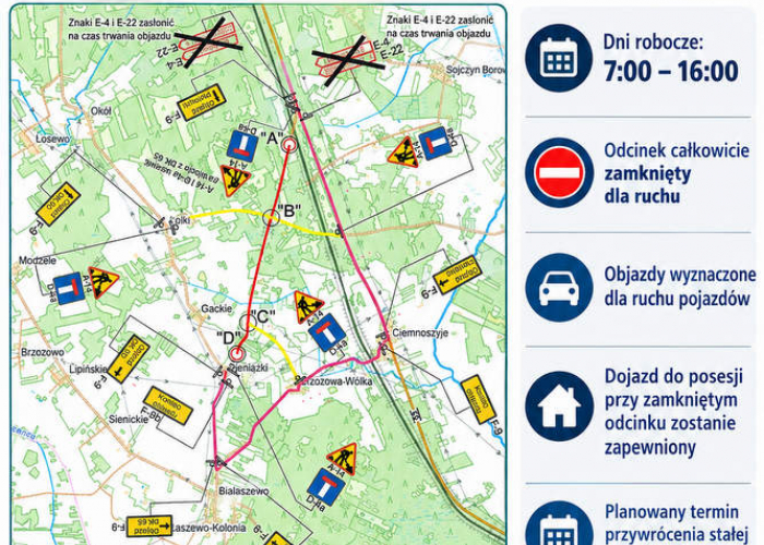 Informacja o utrudnieniach w ruchu (Pieniążki)