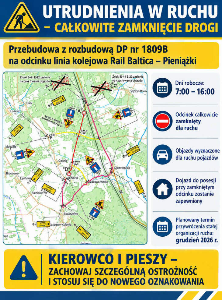 Informacja o utrudnieniach w ruchu (Pieniążki)