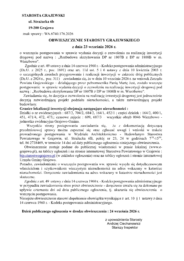 Obwieszczenie Starosty Grajewskiego