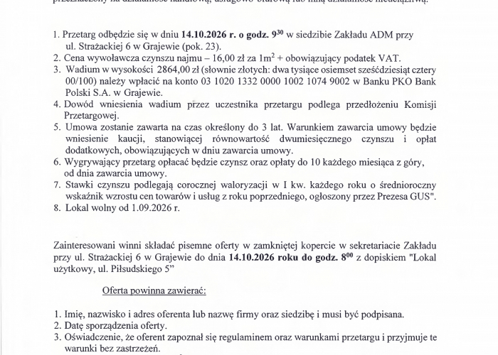 II przetarg nieograniczony na najem lokali użytkowych przy ul. Piłsudskiego