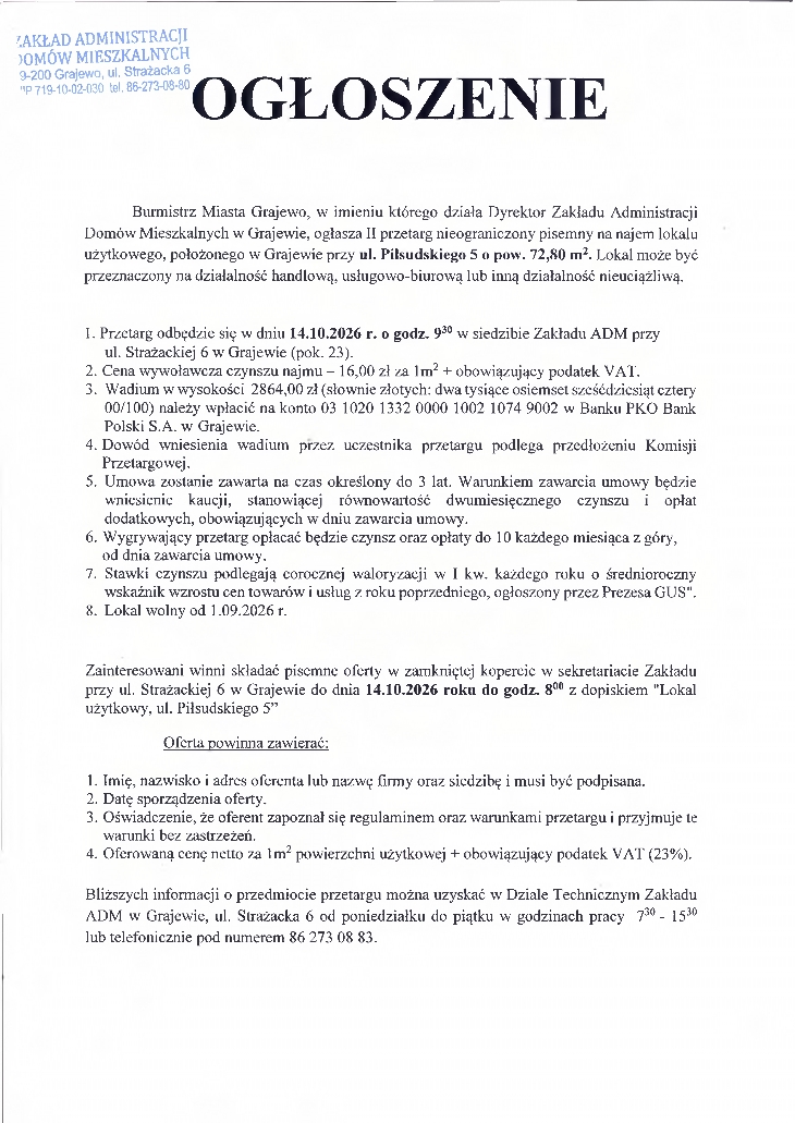 II przetarg nieograniczony na najem lokali użytkowych przy ul. Piłsudskiego