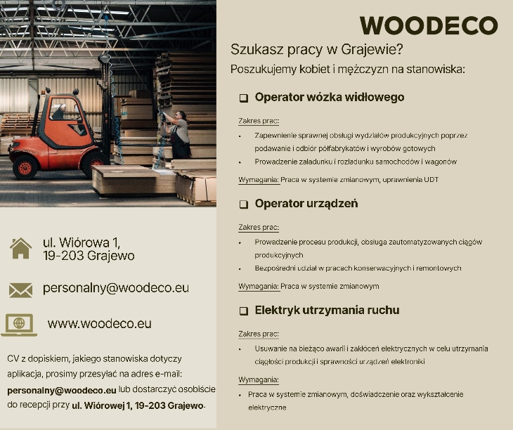 Woodeco. Poszukiwani operatorzy maszyn, wózków widłowych oraz elektryk