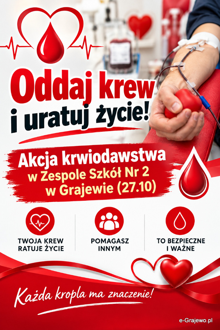 Oddaj krew i uratuj życie! Akcja krwiodawstwa w ZS 2 w Grajewie (27.10)