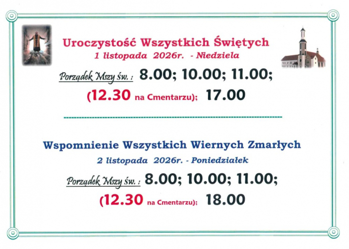 Porządek nabożeństw na Wszystkich Świętych i Dzień Zaduszny