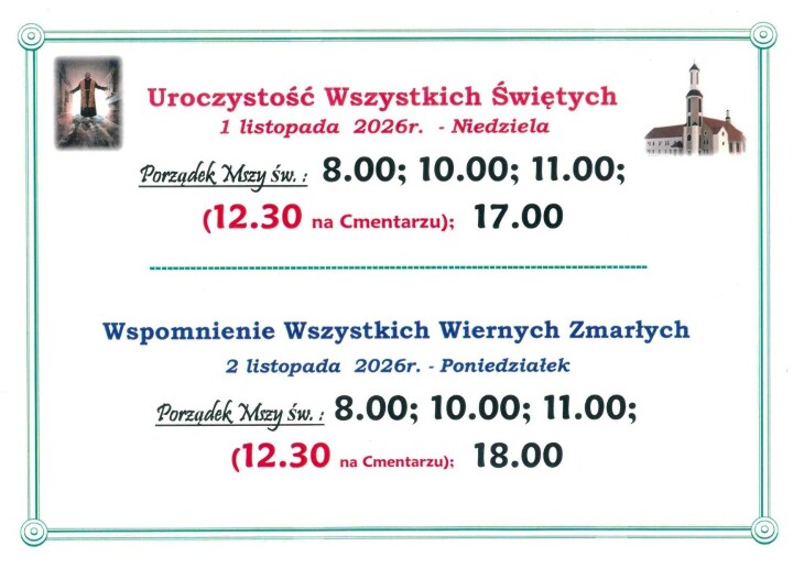 Porządek nabożeństw na Wszystkich Świętych i Dzień Zaduszny