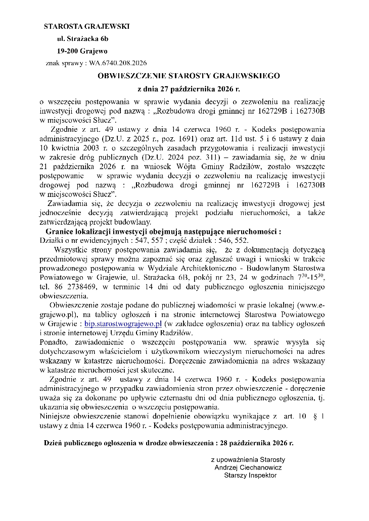 Obwieszczenia Starosty Grajewskiego