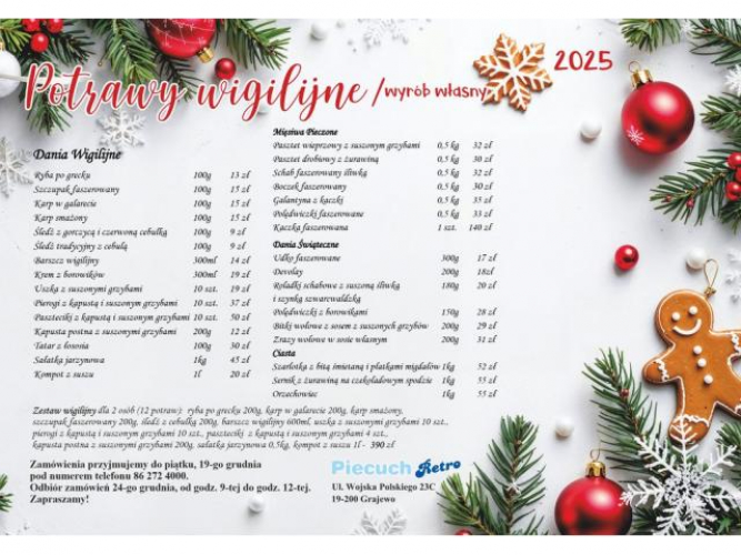 Grajewo ogłoszenia: Potrawy wigilijne Piecuch Retro!
Zapraszamy.
Grajewo, ul. Wojska...