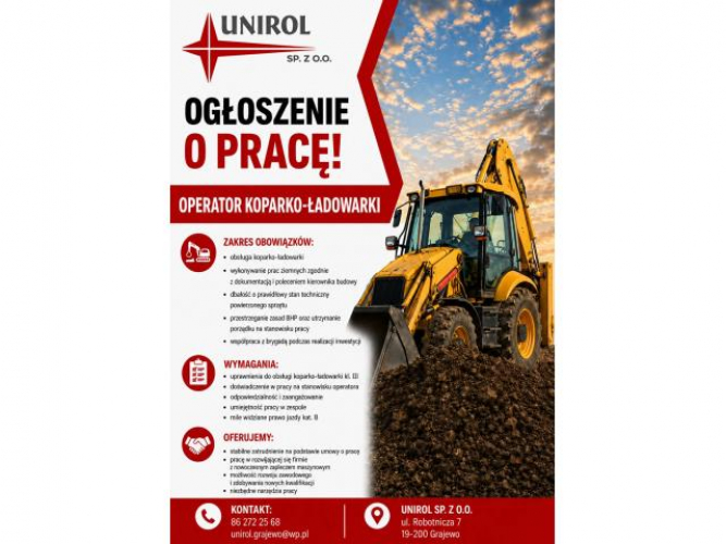 Grajewo ogłoszenia: Oferta pracy
PHU UNIROL Sp. z o.o.

ul. Robotnicza 7

19-200...