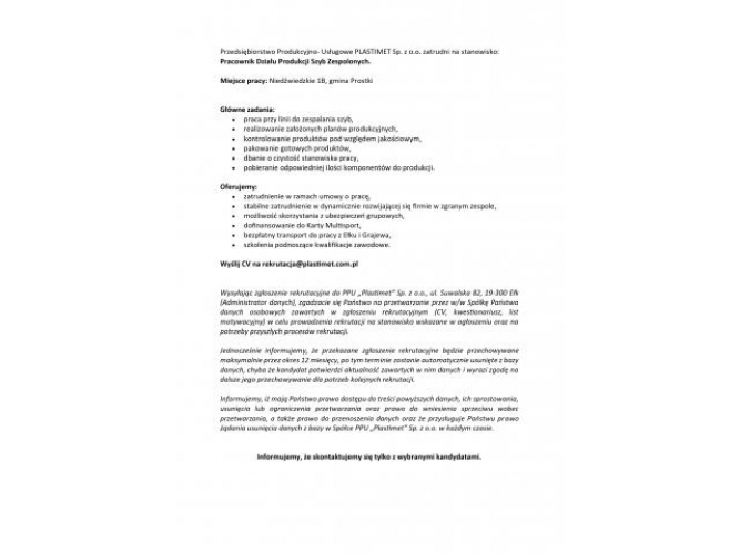 Grajewo ogłoszenia: Przedsiębiorstwo Produkcyjno- Usługowe PLASTIMET Sp. z o.o....