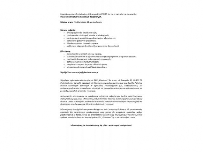 Grajewo ogłoszenia: Przedsiębiorstwo Produkcyjno- Usługowe PLASTIMET Sp. z o.o....