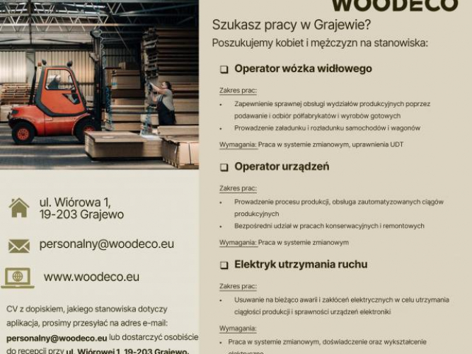 Grajewo ogłoszenia: Producent płyt drewnopochodnych firma Woodeco w Grajewie poszukuje...